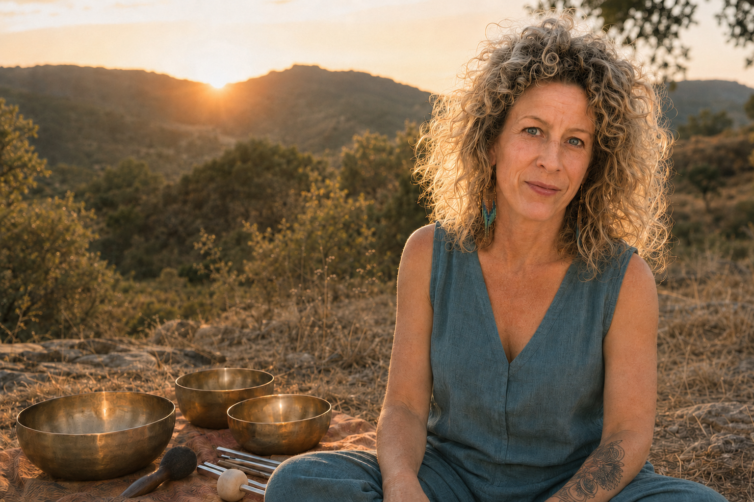 Lilianna with singing bowls and tuning forks in the Algarve landscape